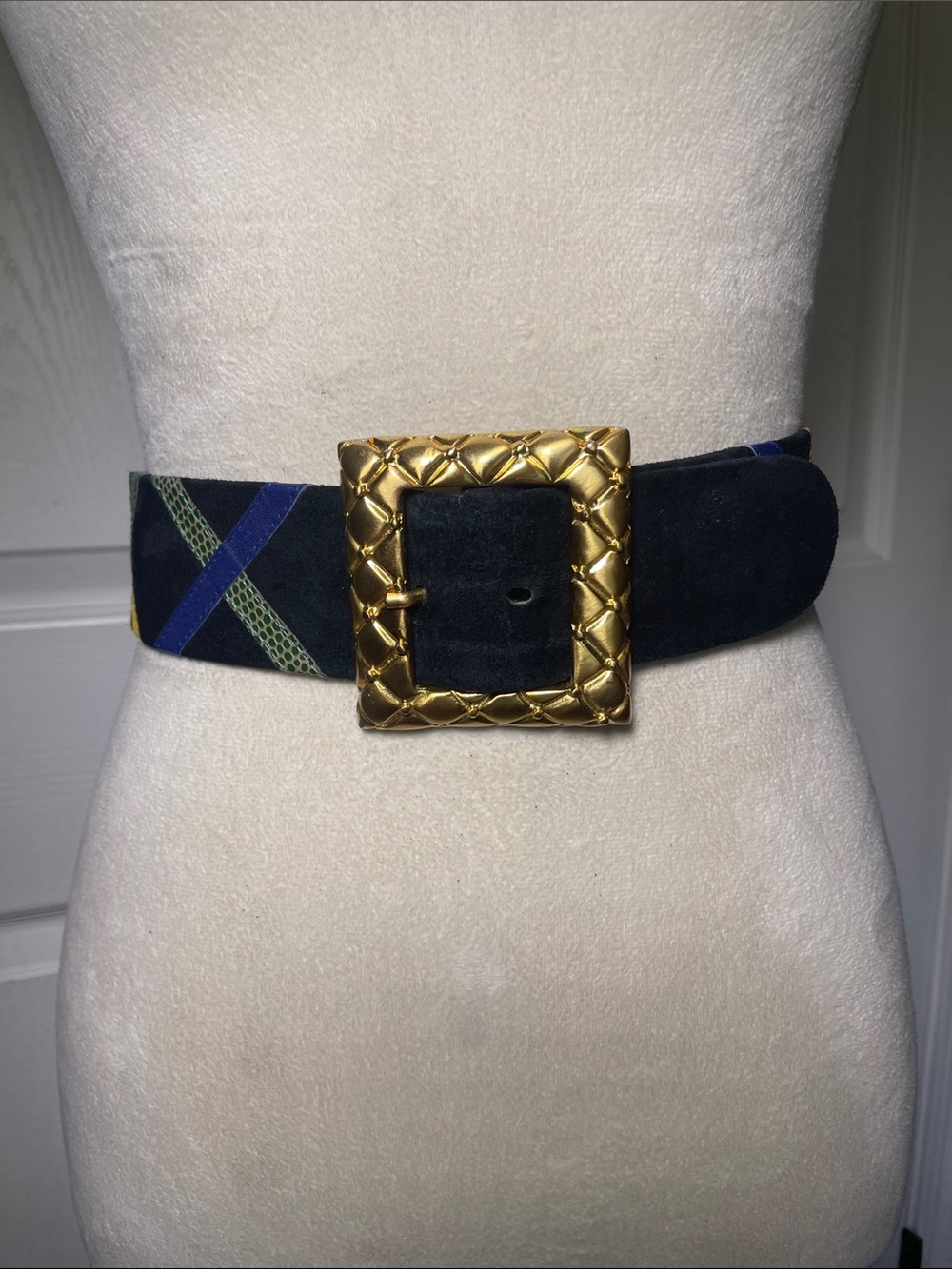 Vintage Worth Austria Suede Black Wide Belt Gold Buckle Blue Green Red Yellow